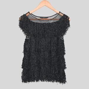 ZARA Basics Women's Tiered Fringe Mesh Top Black Size XS